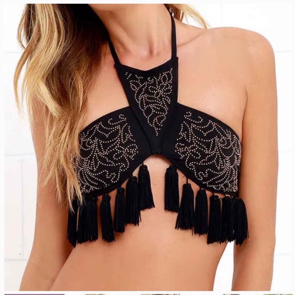 Beach Riot Halter Tasseled Bathing Suit Top
